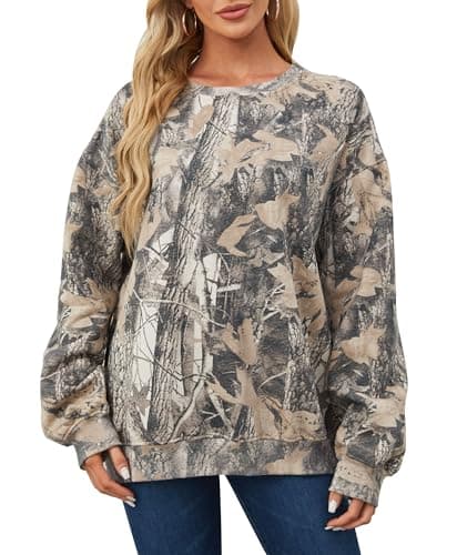 Oversized Women's Camo Sweatshirt with Maple Leaf Print Fleece Hoodie