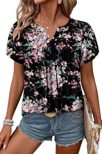 Angerella Women's Floral Print Short Sleeve V-Neck Tunic Tops