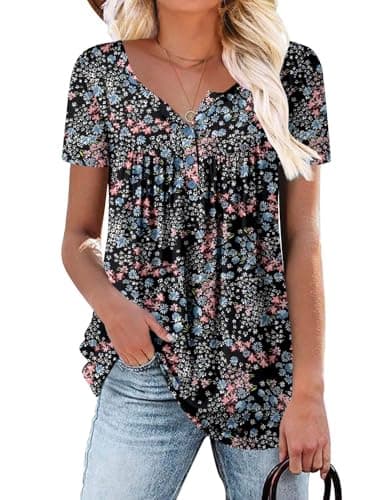ROSELINLIN Women's Floral Summer Short Sleeve Shirt Loose Fit Leggings Top