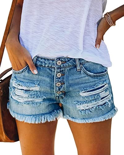 MEMVU Women's Ripped Stretch Mid-Rise Raw Hem Denim Shorts