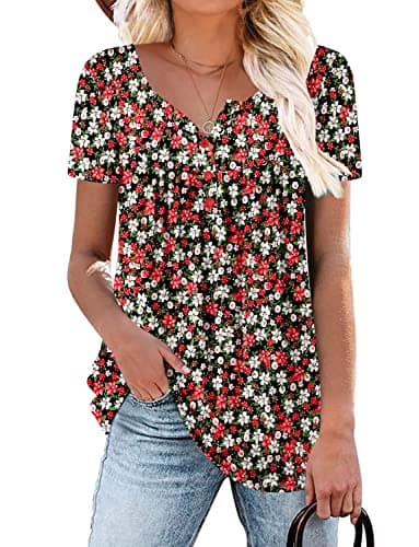 ROSELINLIN Women's Floral Summer Short Sleeve Shirt Loose Fit Leggings Top