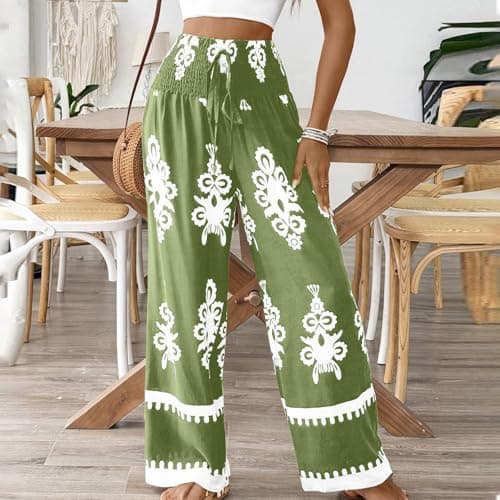 Elastic High Waisted Floral Print Wide Leg Linen Pants with Pockets