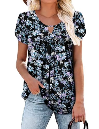 OnlyPuff Women's Pleated Floral Tunic Tops Summer Boho Dress Casual