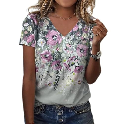 Akivide Boho Floral V-Neck Summer Tunic Shirt Plus Size
