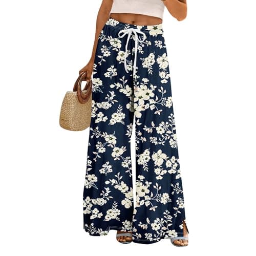 Elastic High Waisted Floral Print Wide Leg Linen Pants with Pockets