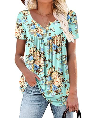 ROSELINLIN Women's Floral Summer Short Sleeve Shirt Loose Fit Leggings Top
