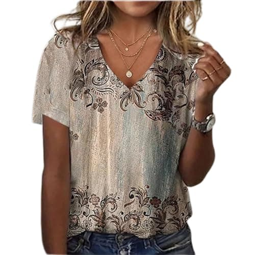 Akivide Boho Floral V-Neck Summer Tunic Shirt Plus Size
