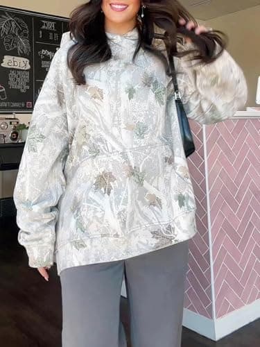 Ogfao Grey Oversized Maple Leaf Print Camo Hoodie Sweatshirt L