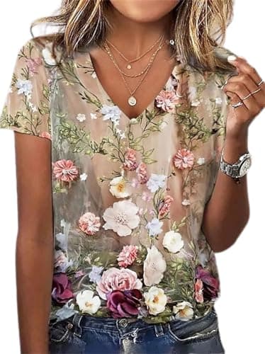 Akivide Boho Floral V-Neck Summer Tunic Shirt Plus Size