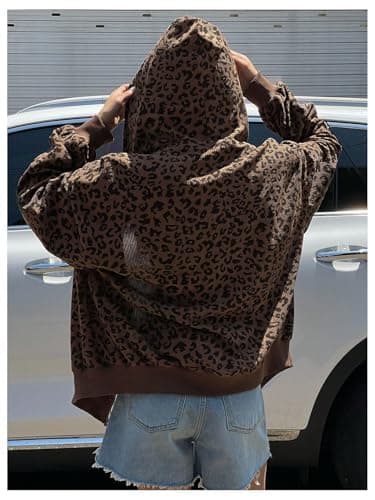 SHENHE Women's Oversized Zip Up Hoodie with Leopard Print Pockets