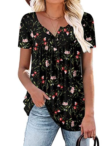 ROSELINLIN Women's Floral Summer Short Sleeve Shirt Loose Fit Leggings Top