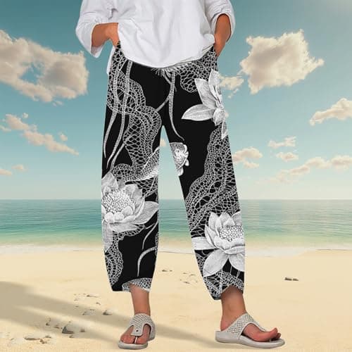HOTYD Japanese Linen Pants for Women Summer Baggy Capri Trouser with Pockets