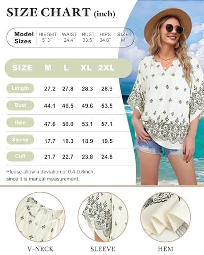 Bebonnie Women's Bohemian 3/4 Sleeve V-Neck Tunic Tops