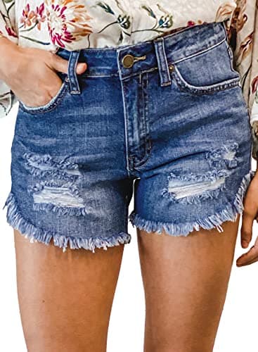 QACOHU Women's Casual Summer Denim Shorts Mid-Waisted Ripped Stretch Jeans