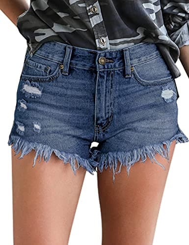 Luvamia Women's Casual High-Waisted Frayed Denim Shorts
