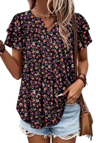 Angerella Women's Floral Print Short Sleeve V-Neck Tunic Tops