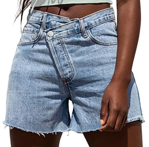 Genreck Women's High-Waisted Stretch Crossover Jean Shorts