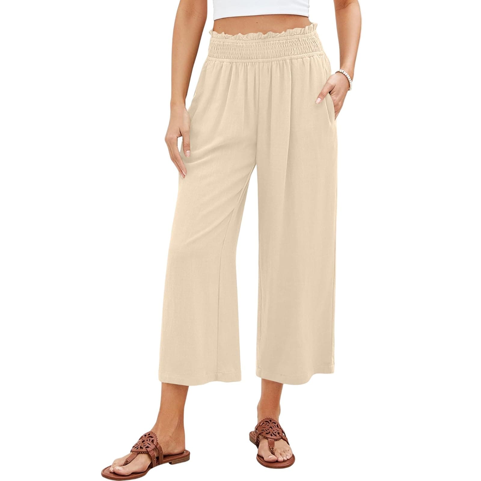High-Waisted Wide Leg Cotton Linen Capri Pants for Women Summer Beach Croppedacers