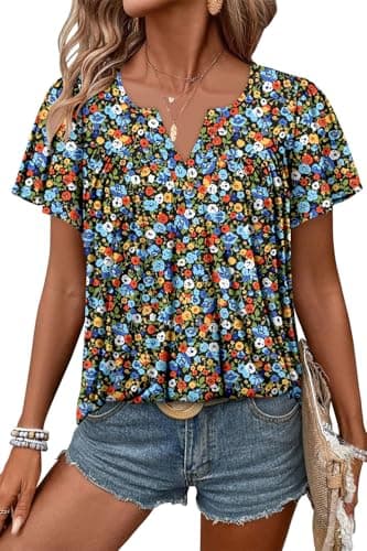 Angerella Women's Floral Print Short Sleeve V-Neck Tunic Tops