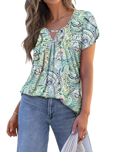 OnlyPuff Women's Pleated Floral Tunic Tops Summer Boho Dress Casual