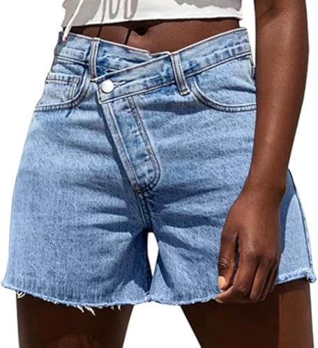 Genreck Women's High-Waisted Stretch Crossover Jean Shorts