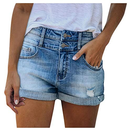 Women's Stretchy Mid Rise Ripped Denim Shorts