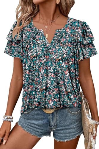 Angerella Women's Floral Print Short Sleeve V-Neck Tunic Tops