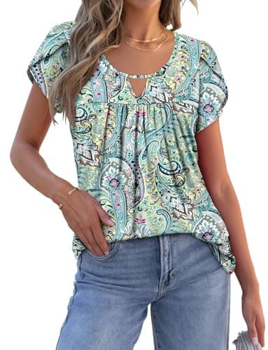 OnlyPuff Women's Pleated Floral Tunic Tops Summer Boho Dress Casual