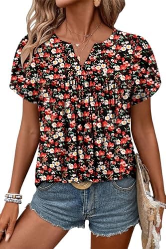 Angerella Women's Floral Print Short Sleeve V-Neck Tunic Tops