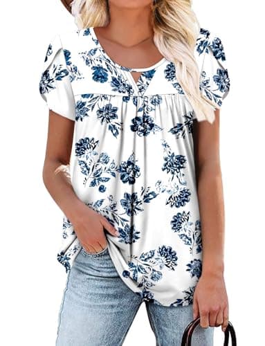 OnlyPuff Women's Pleated Floral Tunic Tops Summer Boho Dress Casual