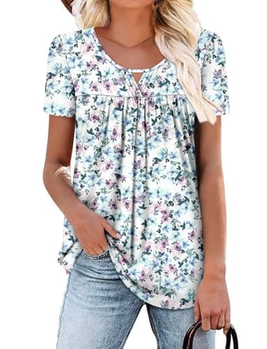 OnlyPuff Women's Pleated Floral Tunic Tops Summer Boho Dress Casual
