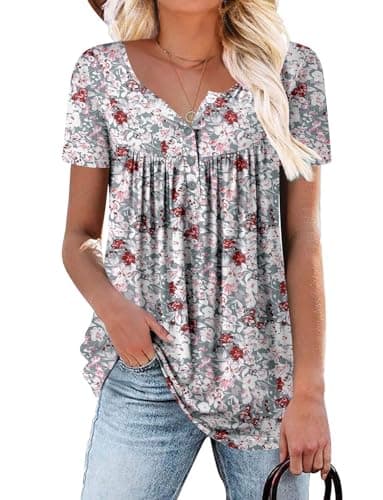 ROSELINLIN Women's Floral Summer Short Sleeve Shirt Loose Fit Leggings Top