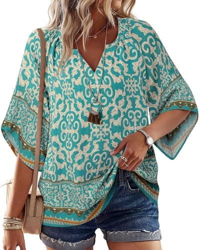 Bebonnie Women's Bohemian 3/4 Sleeve V-Neck Tunic Tops