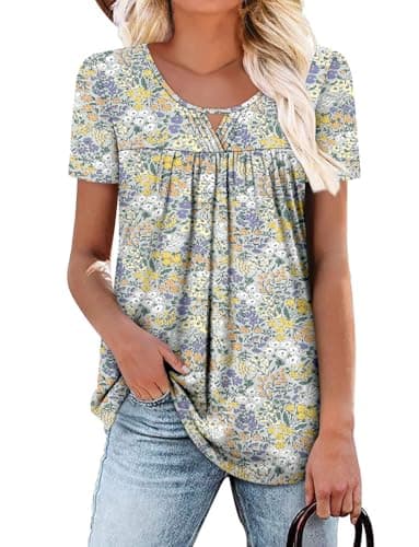 OnlyPuff Women's Pleated Floral Tunic Tops Summer Boho Dress Casual
