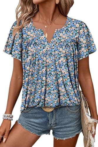 Angerella Women's Floral Print Short Sleeve V-Neck Tunic Tops