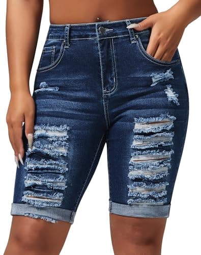 Rosswear Women's Ripped Stretch Mid-Rise Denim Bermuda Shorts