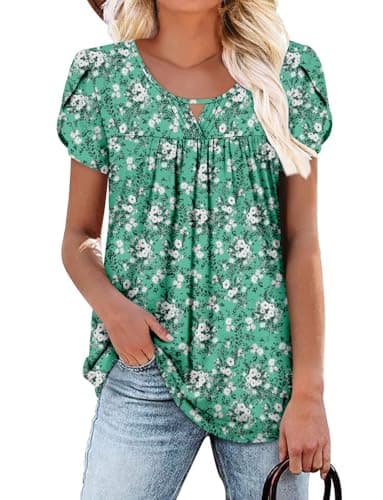 OnlyPuff Women's Pleated Floral Tunic Tops Summer Boho Dress Casual