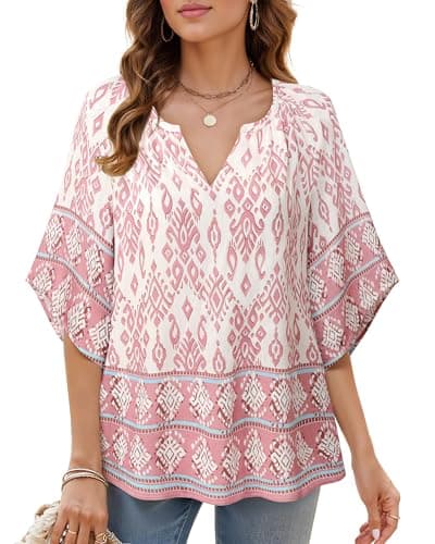 Bebonnie Women's Bohemian 3/4 Sleeve V-Neck Tunic Tops