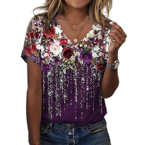 Akivide Boho Floral V-Neck Summer Tunic Shirt Plus Size