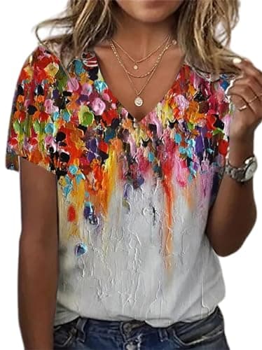 Akivide Boho Floral V-Neck Summer Tunic Shirt Plus Size