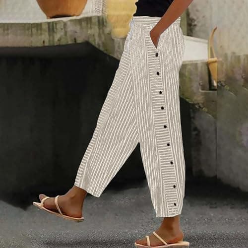 Generic Women's Straight Leg Stripe Cotton Linen Pants