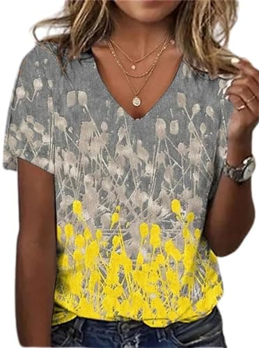 Akivide Boho Floral V-Neck Summer Tunic Shirt Plus Size