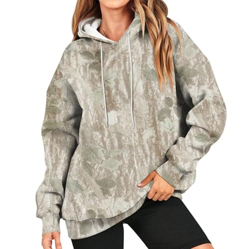GOFULY Women's Oversized Camo Hoodie with Maple Leaf Print