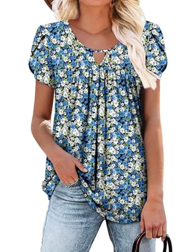 OnlyPuff Women's Pleated Floral Tunic Tops Summer Boho Dress Casual