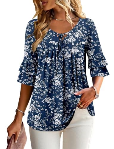 Angerella Dressy 3/4 Sleeve V-Neck Tunic Tops Spring Summer Tops