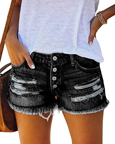 MEMVU Women's Ripped Stretch Mid-Rise Raw Hem Denim Shorts