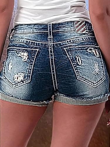 Flamingals Mid Waist American Flag Distressed Denim Shorts for Women