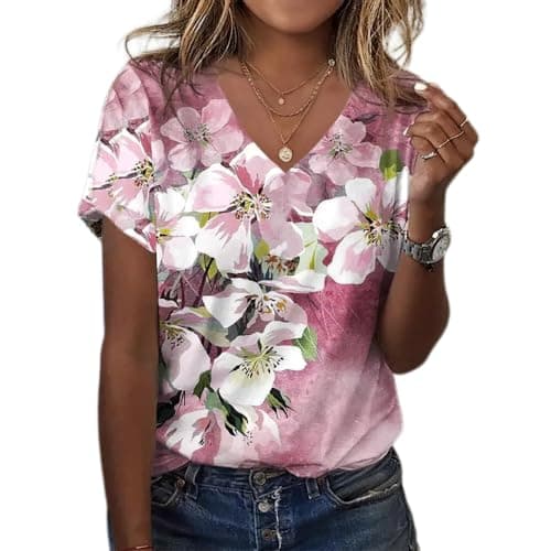 Akivide Boho Floral V-Neck Summer Tunic Shirt Plus Size