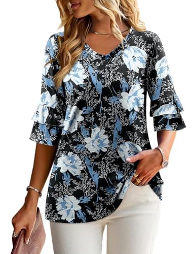 Angerella Dressy 3/4 Sleeve V-Neck Tunic Tops Spring Summer Tops