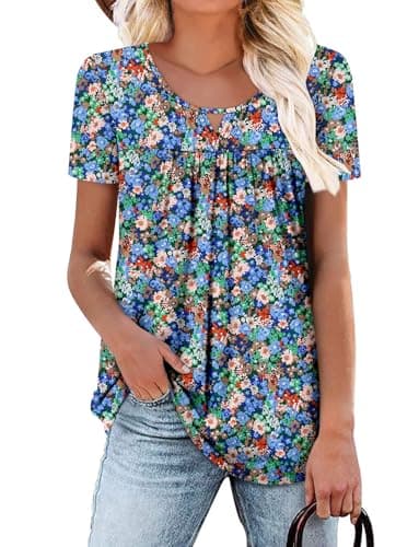 OnlyPuff Women's Pleated Floral Tunic Tops Summer Boho Dress Casual